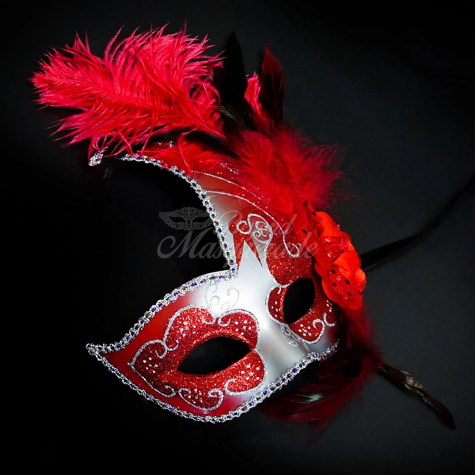 Silver/Red Feather Swan Masquerade Mask Ball Mask Mardi Gras Mask Women Mask  - Image 2 of 4