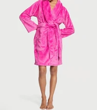 Victoria's Secret FUSCIA FRENZY Hot PINK Short COZY Plush Velour ROBE M L