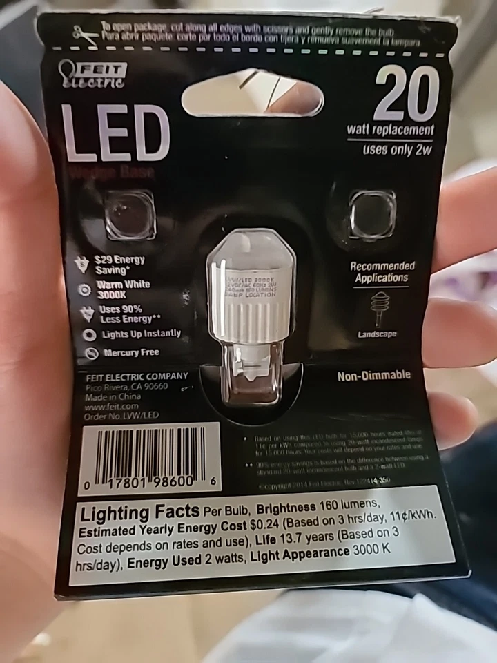 Feit Electric LVW/LED 12V 2W 3000K 160 Lumens Wedge Base LED Light Bulb - Image 3 of 3