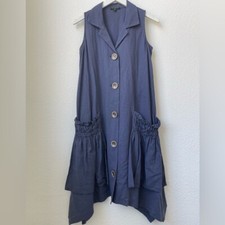 For Cynthia Linen-Blend Navy Sleeveless Button Down Ruched Pockets Dress Size XS