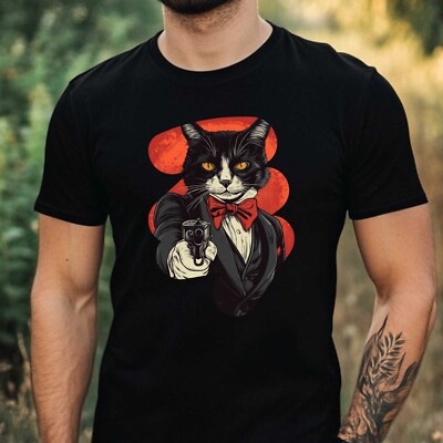 Mens Cat Gun Print Cotton T-Shirt Size XS to 5XL