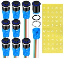 12v Latching Push Button Switch 16mm On/Off Black Metal Prewired Blue LED