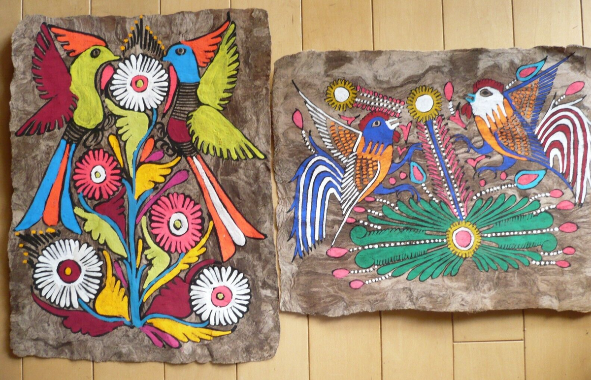 PAIR MEXICAN FOLK ART BARK PAPER, COLORFUL BIRDS MODERN SPANISH