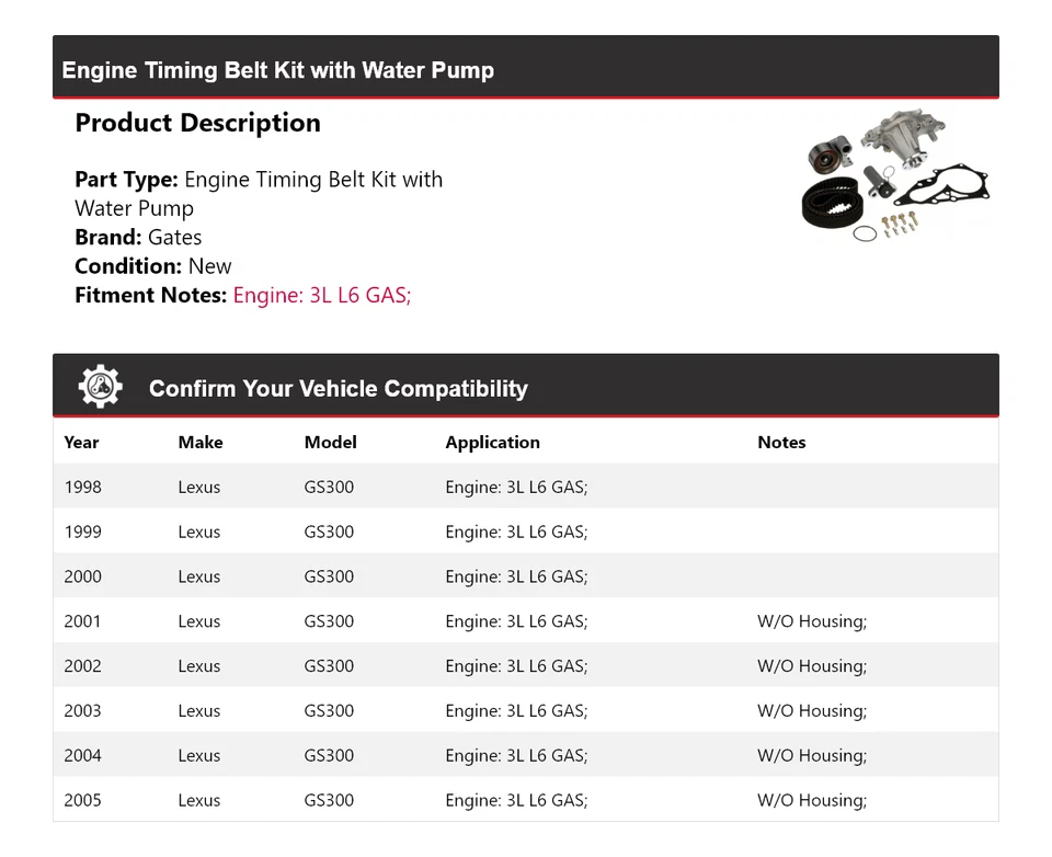 Kit de correa de distribución de motor de gasolina 3L L6 1998-2005 con puertas de bomba de agua Foto 2 de 4