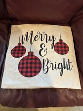 Christmas Pillow Case  Merry  Bright  -Used  17.5in x 17.5in-Fast Shipping 