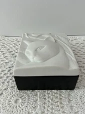 Vintage Hallmark Crowning Touch Bisque Porcelain 3D Cat White Black Trinket Box