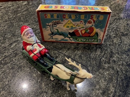 VTG Santa Claus Celluloid & Tin Wind Up Sleigh In Original Box Occupied Japan