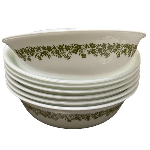 Vintage Corelle Crazy Daisy Cereal Bowls Spring Blossom Green Set of 7 MCM 70s