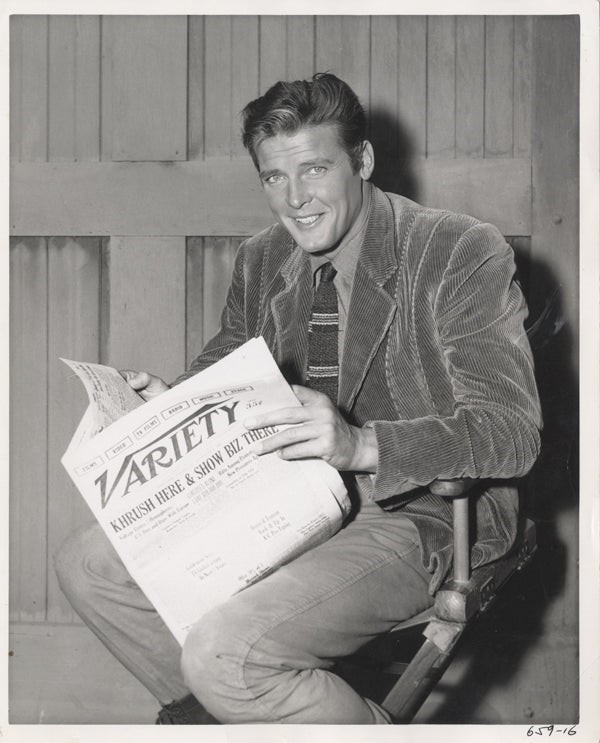 Roger Moore reading Variety Magazine 1950's Maverick Set Original 8x10 Photo