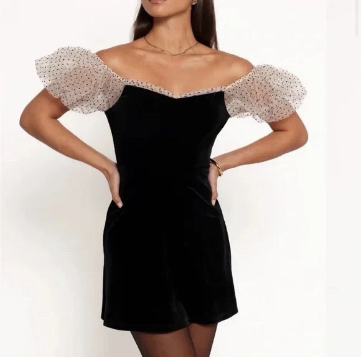 Camila Coelho Heirloom Velvet Tulle Puff Sleeve Polka Dot Mini Dress Sz S Black