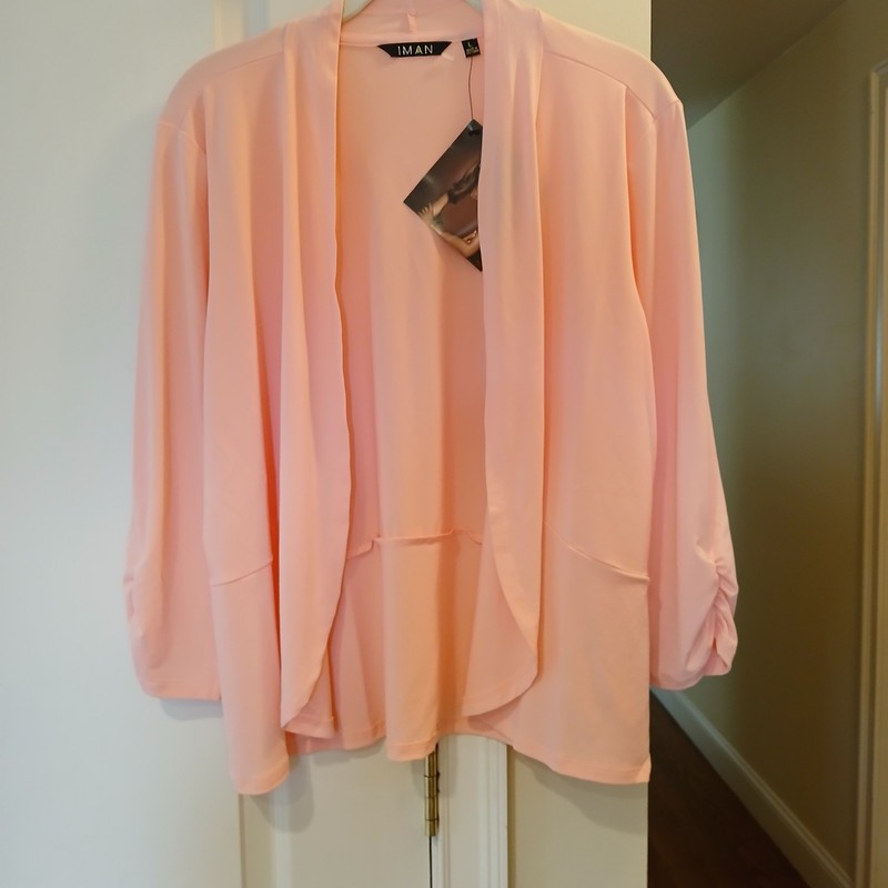 NWT IMAN Boho Size L Chic Peach Drape Open Front Stretch Jersey Cardigan