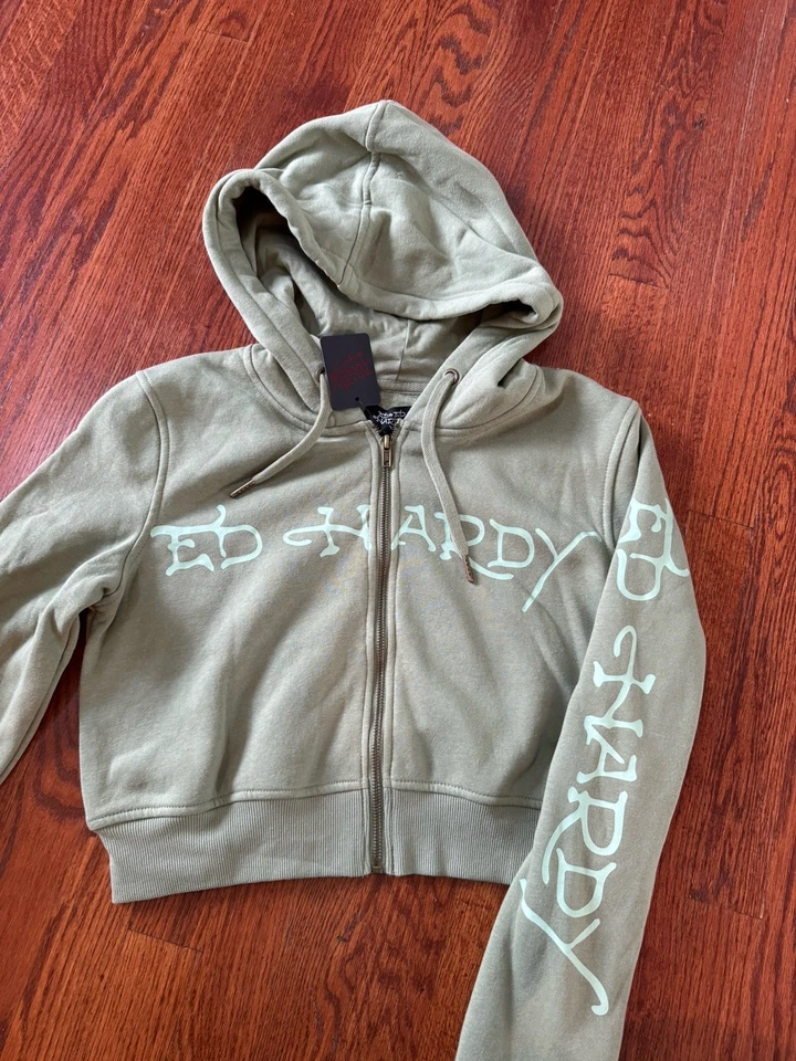 Nuevo con etiquetas Conjunto de pantalón con capucha recortado corazón Ed Hardy Dagger para mujer L verde corazón nacido libre Foto 4 de 4