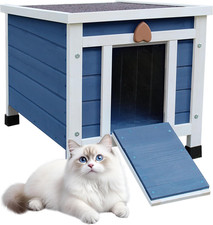 Weatherproof Blue Wooden Cat House for Feral Cats - Outdoor Shelter