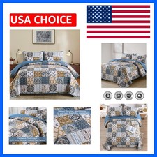 Boho Quilt Set Queen Size, Blue Patchwork Plaid Bedspread Bedding Sets Paisle...