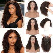 4 4 Curly Wave 150 Density Transparent Lace Front Remy Human Hair Wigs Brown US