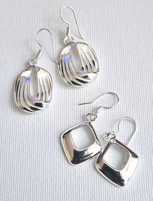 2 Paar Silberfarbene Ohrhänger Set Geometrisch Oval Twist & Quadrat Haken Tropfen