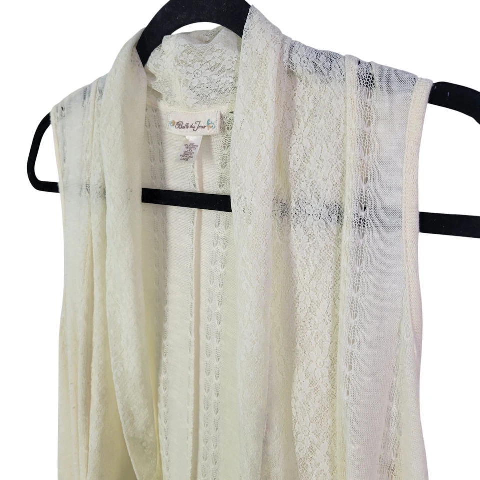 Cárdigan de ganchillo Belle Du Jour para mujer talla L crema liso sin mangas Foto 3 de 4