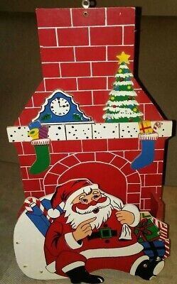 Vintage Wooden Santa Christmas Card Holder Fireplace Tree Holiday Decor 1960 S Ebay