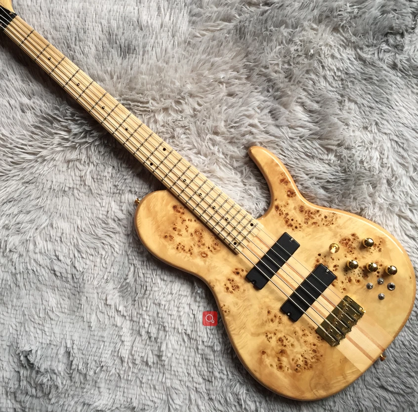Custom 5 string Electric Bass Guitar Burl Maple Top Butterfly Gold