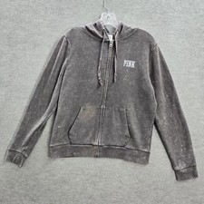 PINK Women Hoodie M Gray Fleece Love Stone Wash Distressed Full Zip