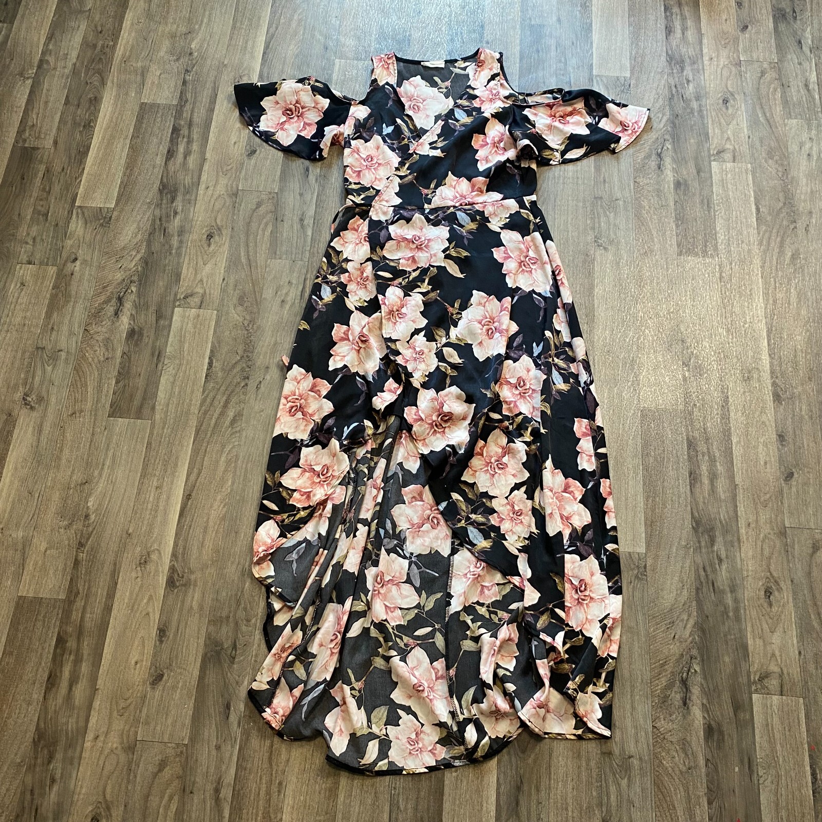 Hummingbird Women's Small Dress Pink Floral Cold Shoulder Wrap High Low