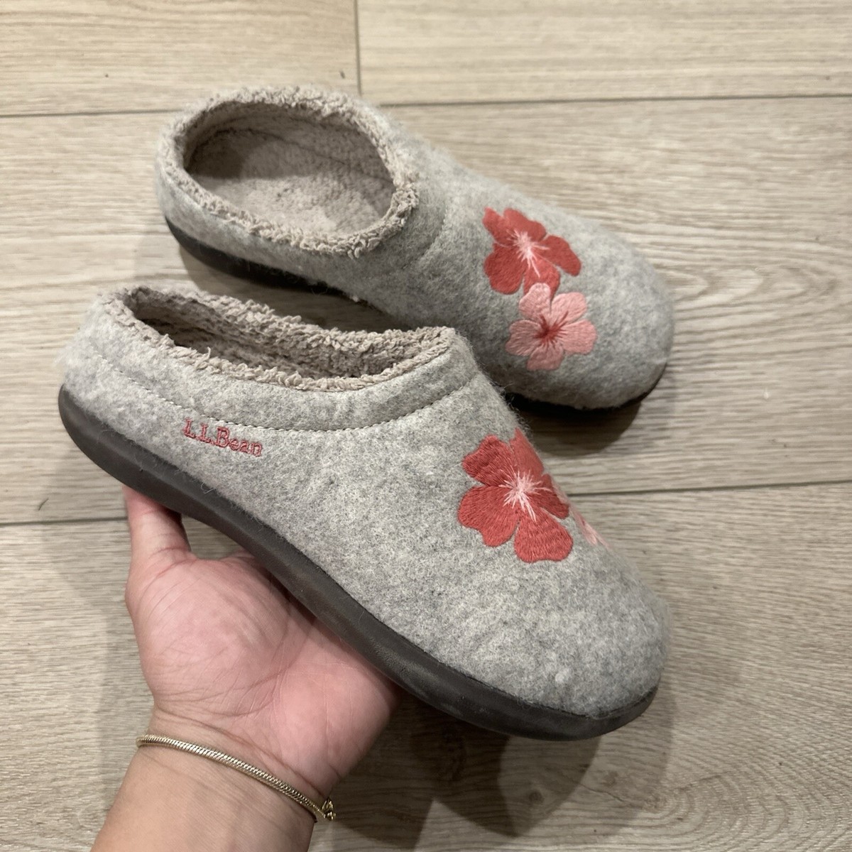 LL Bean Women Slippers Open Back Slip On Daybreak Gray Flower Shoes