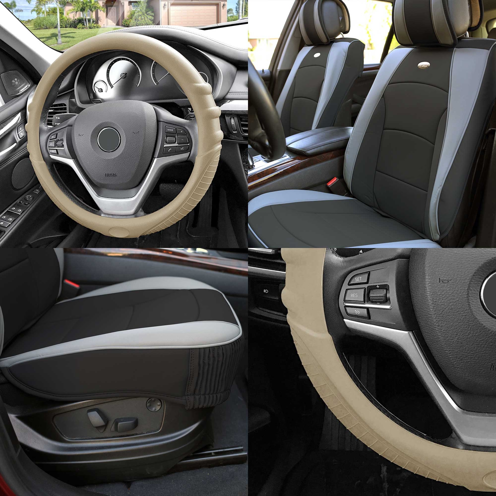 FH Group Universal Fit Leatherette Car Seat Covers Front Set w/ Steering Cover