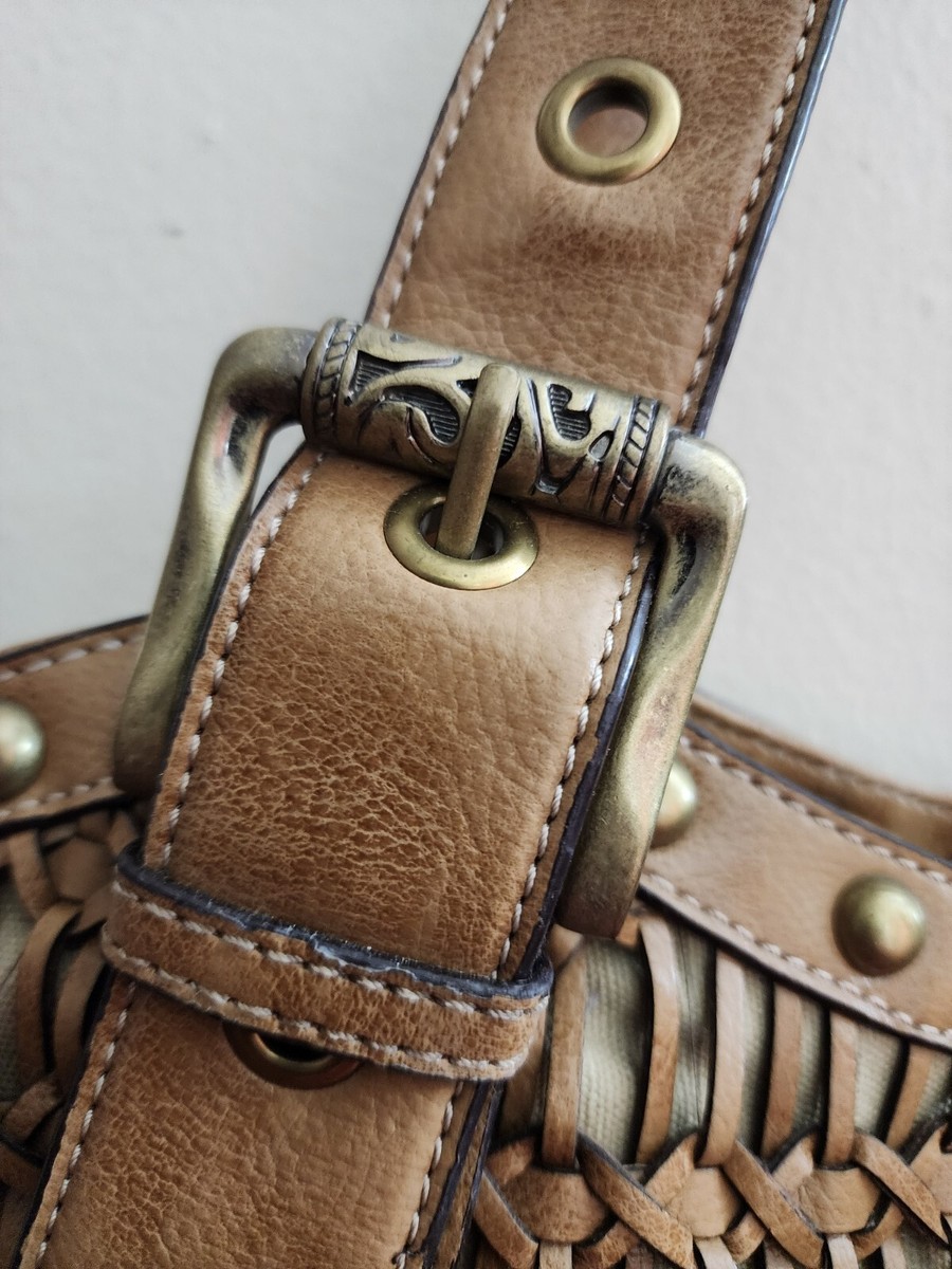 KATHY VAN ZEELAND Shoulder Bag Purse Women's Woven Tan Leather