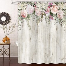 Pink Flower Shower Curtain, Rose Rustic Wooden Grain Bathroom Curtain Set, Vinta