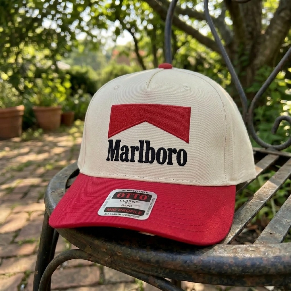 Marlboro Embroidered Trucker Hat Red Natural Snapback Cap Vintage Style