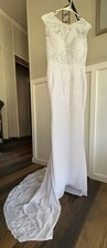 White Lace Back Wedding Dress Fitted Mermaid Silhouette, Button Back Sweep Train