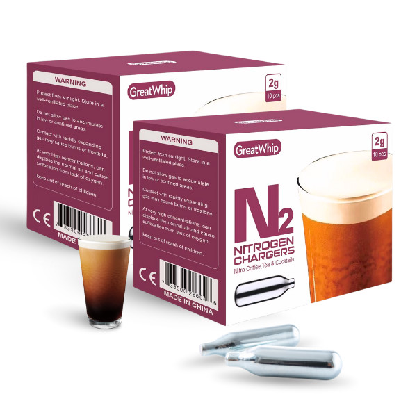 GreatWhip Nitrogen N2 Charger 2g Cartridges 20pcs for Coffee Beer Cold Brew Tea