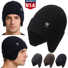 Men's Thermal Knit Hat with Ear Flaps Fleece Lining Winter Hats Outdoor Cap US