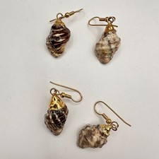Vintage 90s Sea Shell Dangle Earrings Set of 2 Gold Tone Boho Beach Jewelry