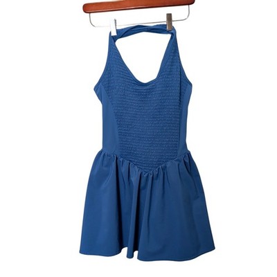 JoyLab Women's Sz S Blue Athletic Dress Smocked Top Crossback Key Hole Skort