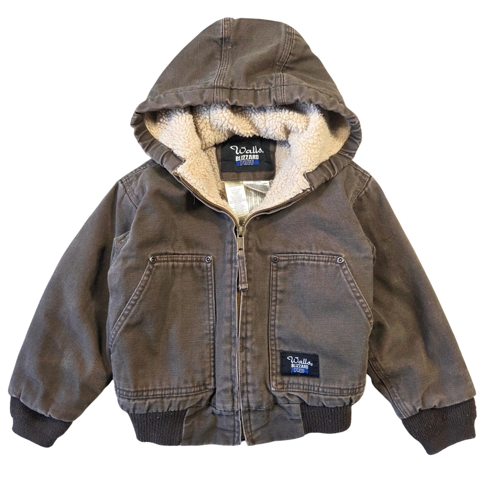 Walls Blizzard Pruf Kids Brown Duck Canvas Sherpa Lined Hooded Work Jacket XS