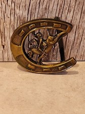 Vintage Horse Shoe Shaped Bronco Busting Cowboy Cowgirl Rodeo Brass Belt Buckle