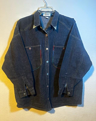 Vtg 90s STEFANO Black Denim Western Shirt Shacket Rainbow Stitch Unisex 14/16 - Image 1 of 4