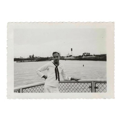 Vintage Snapshot Photo U.S. Navy Sailor White Uniform Harbor Waterfront Portrait
