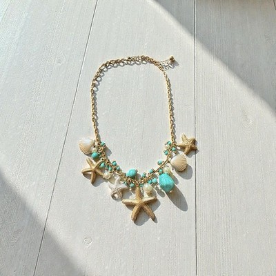 Costume Jewelry Starfish Seashell Aqua Stone Charm Necklace Beach Nautical
