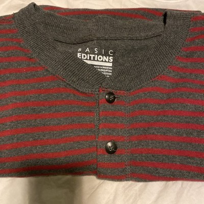 Basic Editions Grey And Burgandy Striped Men s Large Long Sleeve 2 Button NWT