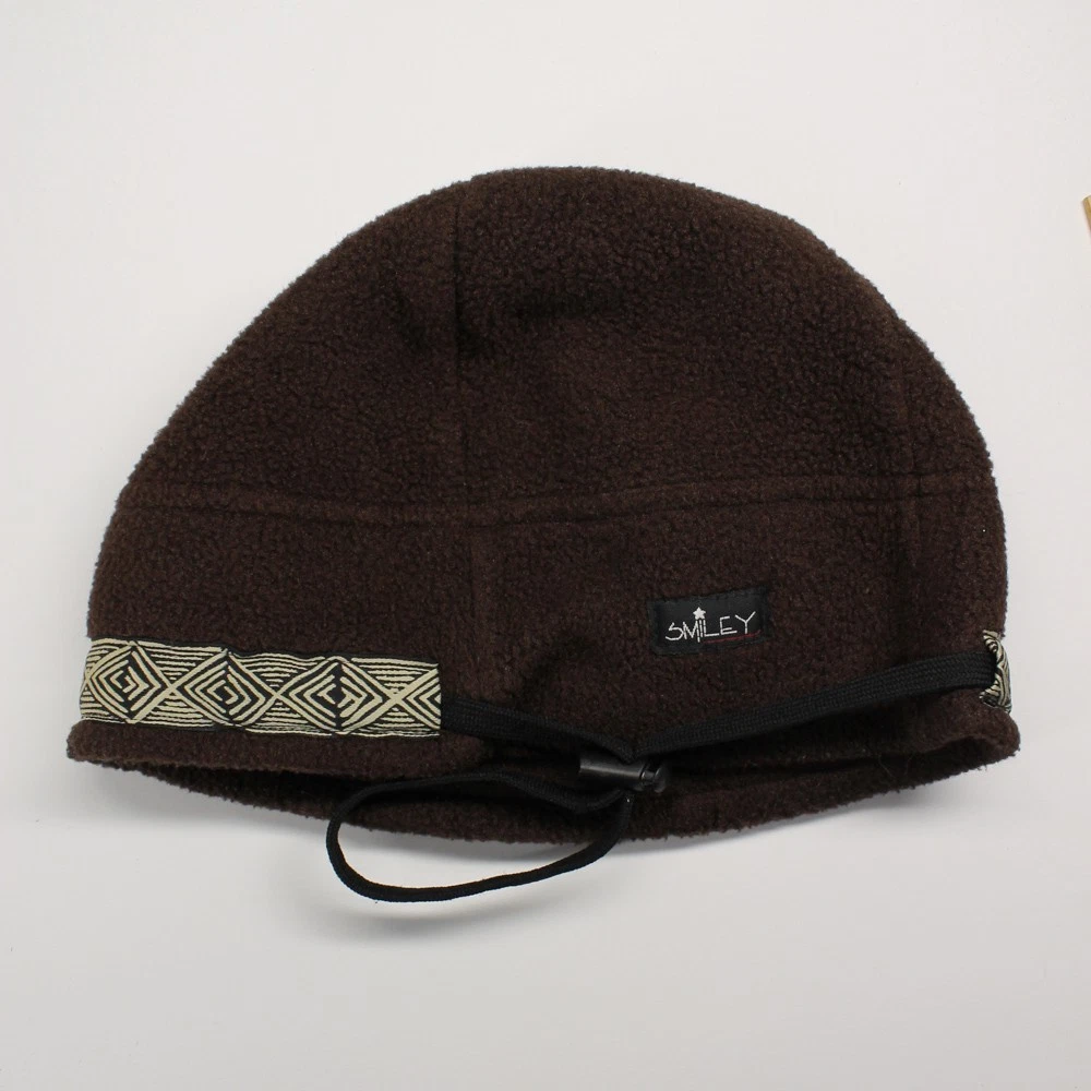 Smiley ski Mountaineer round fleece winter cap ribbon design pull string USA