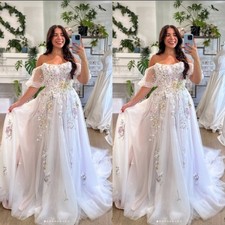 Gorgeous Wedding Dresses Color Flower Appliques A Line Sweep Train Bridal Gown