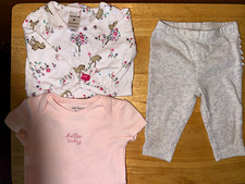Carter's 0-3M 3pc Ribbed Cotton Bodysuit Pants Set Pink Gray Floral Ruffle
