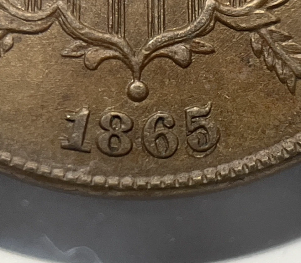 Rare 1865/1865 Repunch Date Variety FS-1302 Two cent piece NGC MS-61 BN BROWN - Image 2 of 4