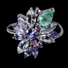 925 Sterling Silver Ring Pear Emerald 6x4mm Amethyst Tanzanite Gemstone Size 8