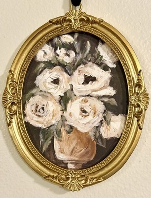 Ornate Antique Style Hanging Wall Art Vintage Wooden Gold Framed White Florals