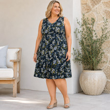 J Jill Wearever Floral A-Line Dress 2X Navy Stretch Knit Sleeveless Knee Midi