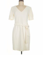 Express Women's White V-Neck Short Sleeve Belted A-Line Dress M Knee