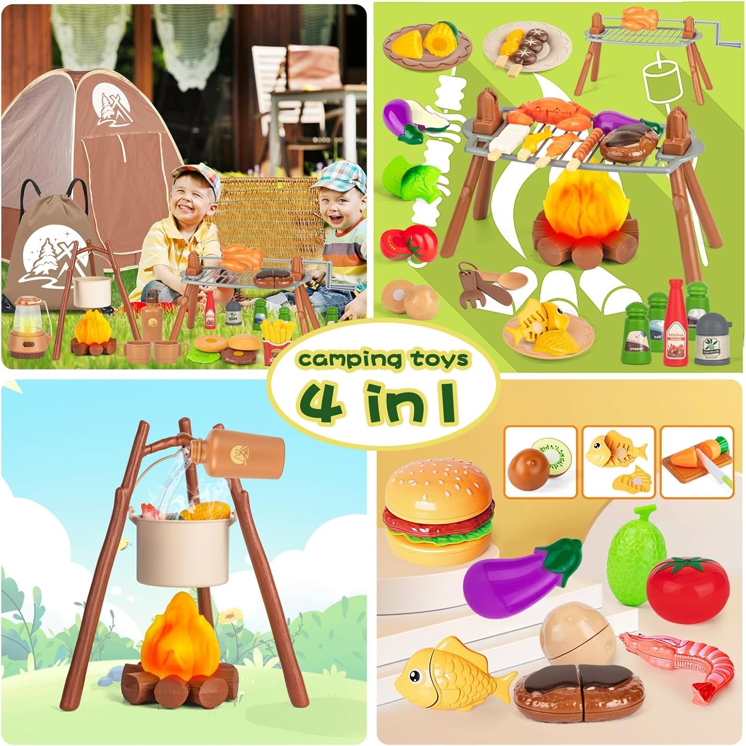 80PCS Kids Camping Toys Set with Play Tent Campfire Toys,Toy BBQ Grill Set,Prete